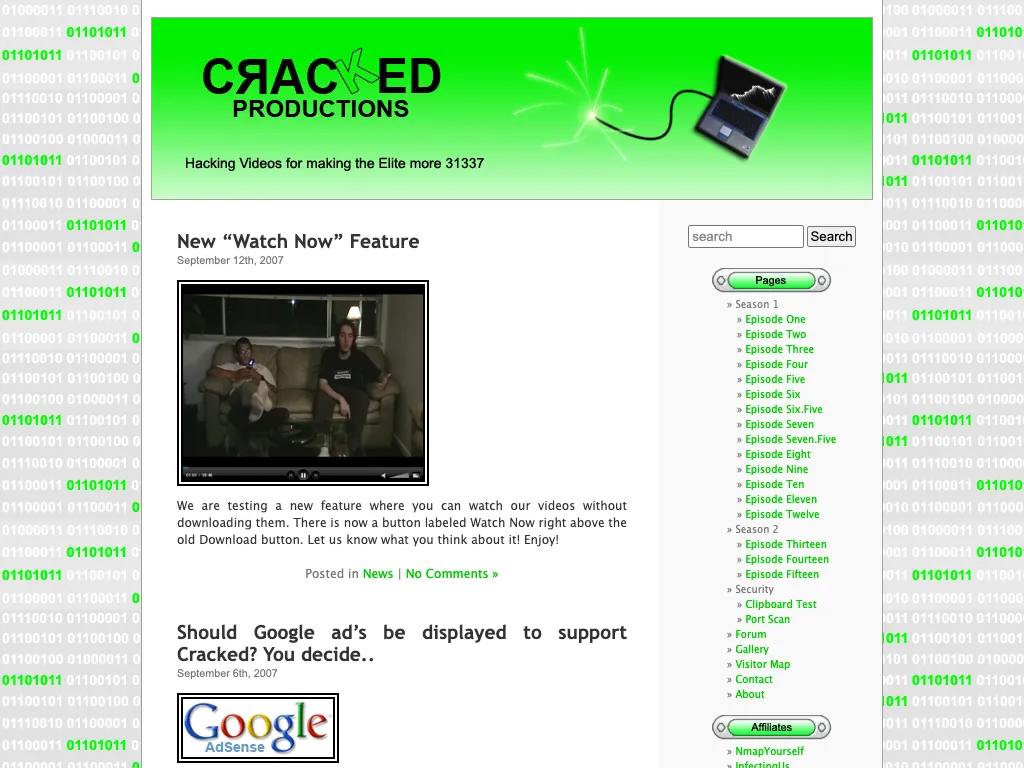 The home page, September 2007: the new Watch Now feature